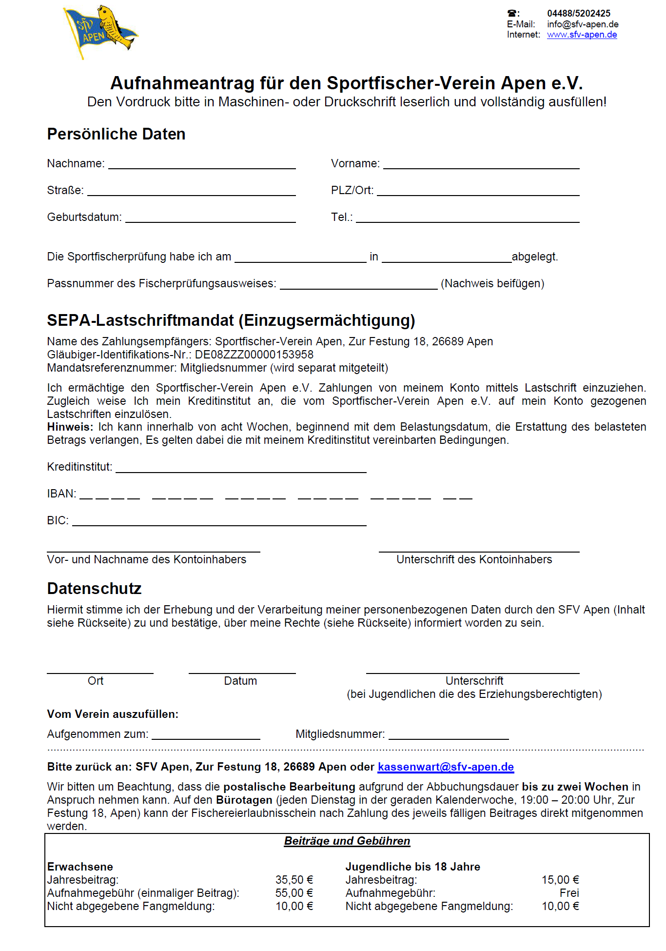 Vorschaubil Aufnahmeantrag für den Sportfischer-Verein Apen e.V.